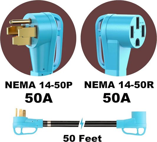 CircleCord ETL Listed 50 Amp 50 Feet RV/EV Extension Cord, Heavy Duty 6/3+8/1 Gauge STW Wire, NEMA 14-50P/R Suit for Tesla Model 3/S/X/Y EV Charging and RV Trailer Campers