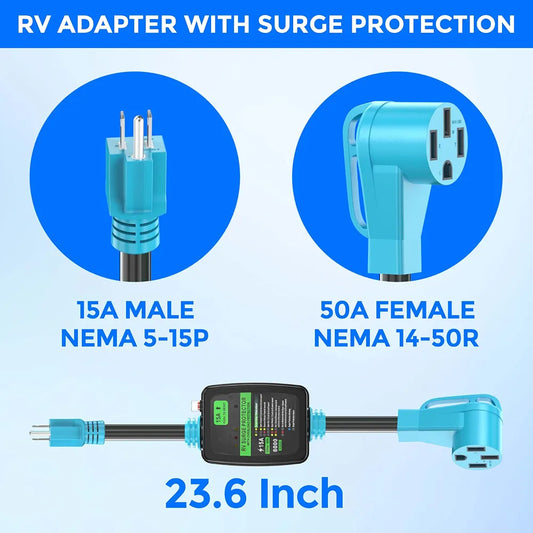 CircleCord 50 Amp to 15 Amp 110 Volt RV Surge Protector Adapter Cord, 8000 Joules, NEMA 5-15P to 14-50R, Overload Protection, RV Circuit Analyzer, ETL Listed