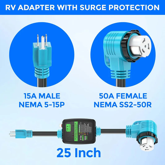 CircleCord 50 Amp to 15 Amp 110 Volt RV Surge Protector Adapter Cord, 8000 Joules, NEMA 5-15P Male to SS2-50R 90° Right Angle Twist Lock Female, Overload Protection, RV Circuit Analyzer, ETL Listed