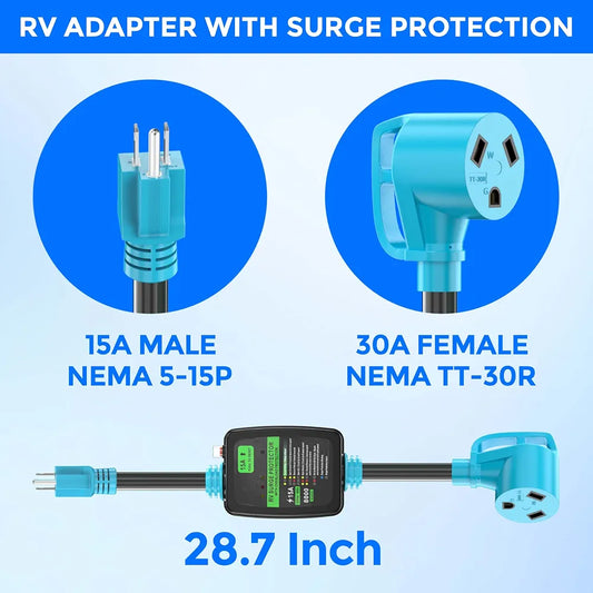 CircleCord 30 Amp to 15A 110 Volt RV Surge Protector Adapter Cord with Circuit Breaker and Analyzer, 8000 Joules, NEMA 5-15P to TT-30R Electrical Power Dogbone for RV Trailer Camper, ETL Listed