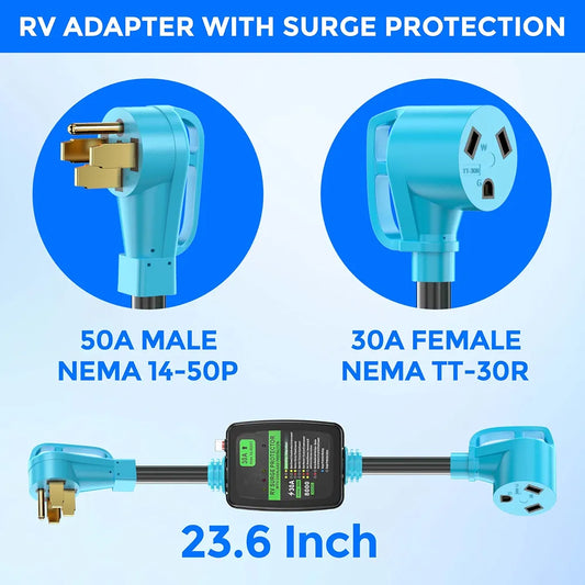 CircleCord 50A to 30A RV Surge Protector Adapter Cord with Circuit Breaker and Analyzer, 8000 Joules, NEMA 14-50P Male to TT-30R Female Electrical Power Dogbone for RV Trailer Camper, ETL Listed