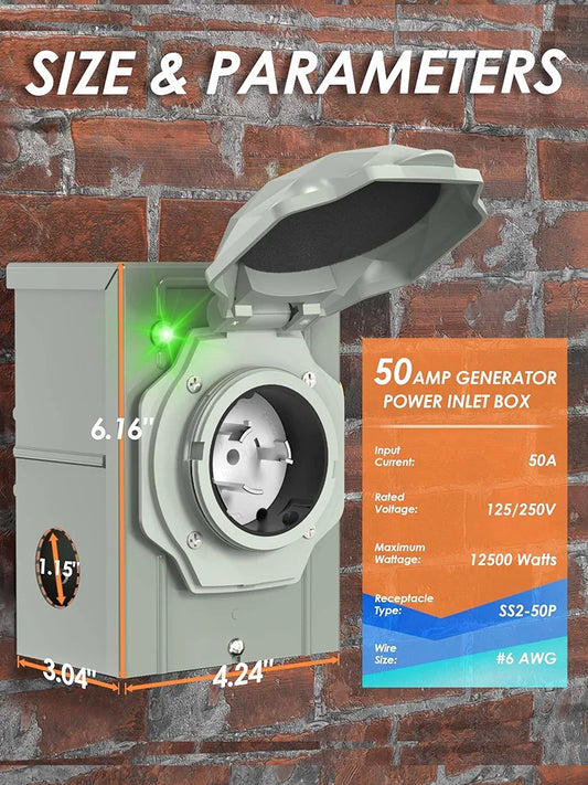 CircleCord 50 Amp Generator Inlet Box with Pre-Drilled 4 Big Wiring Holes, NEMA SS2-50P Power Inlet Box, 125/250 Volt, 12500 Watts with LED Power Indicator for Ourdoor Use, ETL Listed