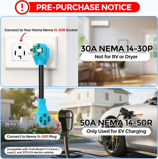 CircleCord 4 Prong NEMA 14-30P to 14-50R EV Charger Adapter Cord Compatible with Tesla Model 3/S/X/Y, 30 Amp Dryer to 50 Amp EV for Leave 2 Charging, ETL Listed