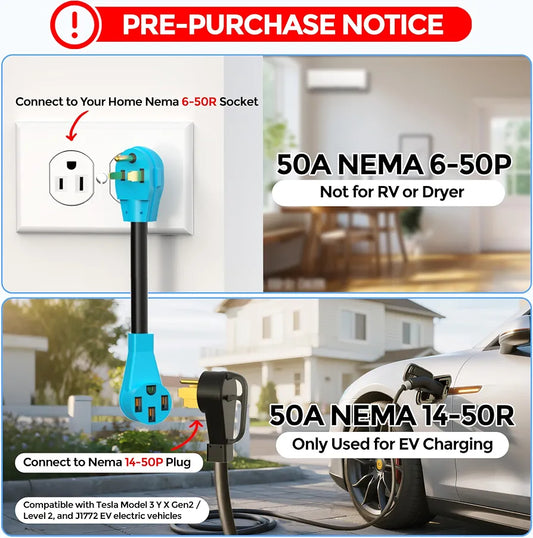 CircleCord NEMA 6-50P to 14-50R EV Charger Adapter Cord for Level 2 EV Charging, 180 Degree Bent Design with Grip Handle, Heavy Duty 6 Gauge, ETL Listed