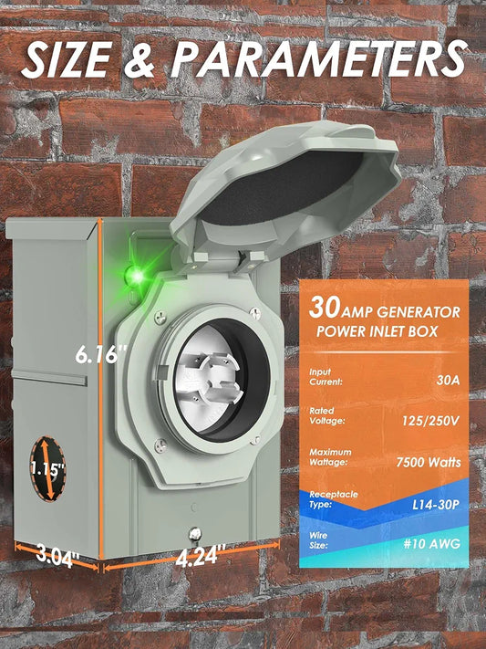CircleCord 30 Amp 4 Prong Generator Power Inlet Box, NEMA L14-30P Power Inlet Box for 4 Prong Generator Cord, 125/250 Volt, 7500 Watts, Weatherproof, Outdoor Use for Emergency Ready, ETL Listed