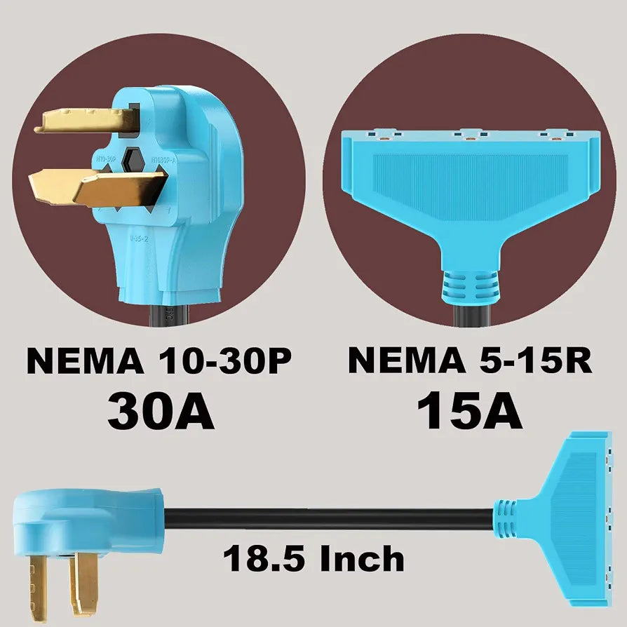CircleCord 3 Prong 30 Amp to 110V Dryer Distribution Adapter Cord, NEMA 10-30P Male to 3X 5-15R Household Outlet Female