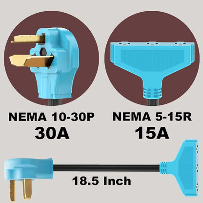 CircleCord 3 Prong 30 Amp to 110V Dryer Distribution Adapter Cord, NEMA 10-30P Male to 3X 5-15R Household Outlet Female