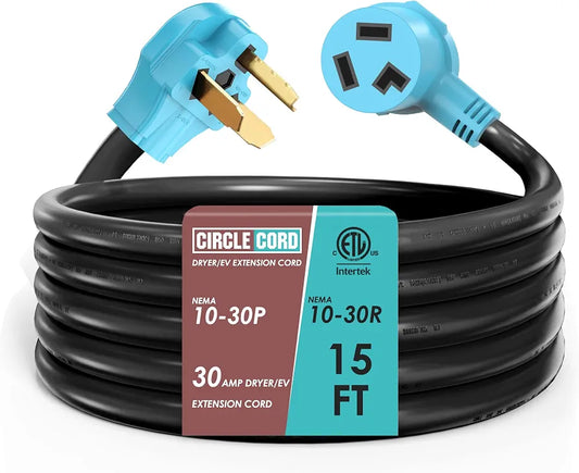 CircleCord 3 Prong 15FT Dryer/EV Extension Cord, 30 Amp NEMA 10-30P/R, Suit for Level 2 EV Charging and 3 Prong Dryer, 125V/250V STW 10 Gauge