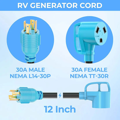 CircleCord 4 Prong 30 Amp RV Generator Adapter Cord with Grip Handle, L14-30P Twist Lock Male to TT-30R Female, Heavy Duty STW 10 AWG 12 Inch for Generator to RV Trailer Camper
