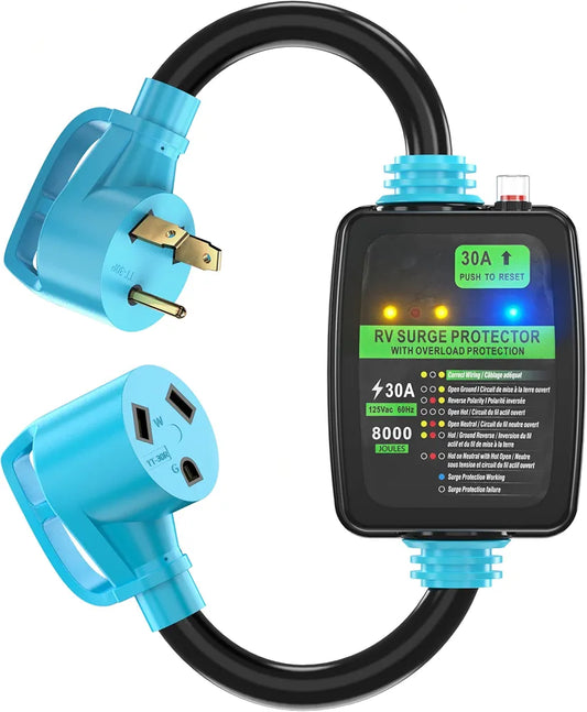 CircleCord 30 Amp RV Surge Protector Adapter Cord with Circuit Breaker and Analyzer, 8000 Joules, NEMA TT-30P Male to TT-30R Female for RV Camper, ETL Listed