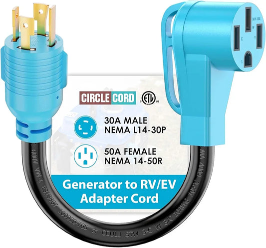 CircleCord 4 Prong 30 Amp to 50 Amp Generator to RV/EV Adapter Cord, NEMA L14-30P to 14-50R, Heavy Duty STW 10 AWG Suit for Tesla Model S/3/X/Y Charging or Generator to House and RV Trailer Camper