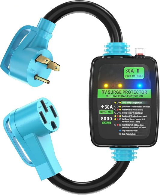 CircleCord 30A to 50A RV Surge Protector Adapter Cord with Circuit Breaker and Analyzer, 8000 Joules, NEMA TT-30P Male to 14-50R Female Electrical Power Dogbone for RV Trailer Camper, ETL Listed