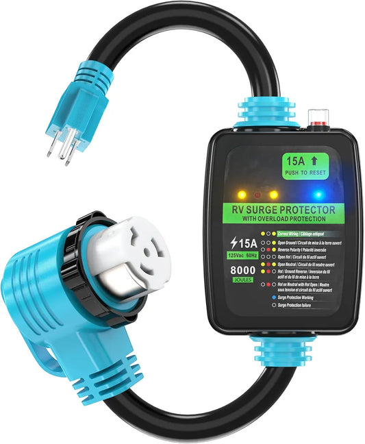 CircleCord 50 Amp to 15 Amp 110 Volt RV Surge Protector Adapter Cord, 8000 Joules, NEMA 5-15P Male to SS2-50R 90° Right Angle Twist Lock Female, Overload Protection, RV Circuit Analyzer, ETL Listed