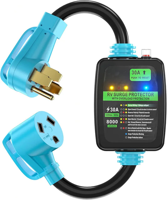 CircleCord 50A to 30A RV Surge Protector Adapter Cord with Circuit Breaker and Analyzer, 8000 Joules, NEMA 14-50P Male to TT-30R Female Electrical Power Dogbone for RV Trailer Camper, ETL Listed