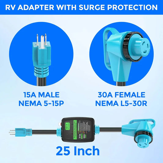CircleCord 30 Amp to 15 Amp 110 Volt RV Surge Protector Adapter Cord, 8000 Joules, NEMA 5-15P Male to L5-30R 90° Right Angle Twist Lock Female, Overload Protection, RV Circuit Analyzer, ETL Listed