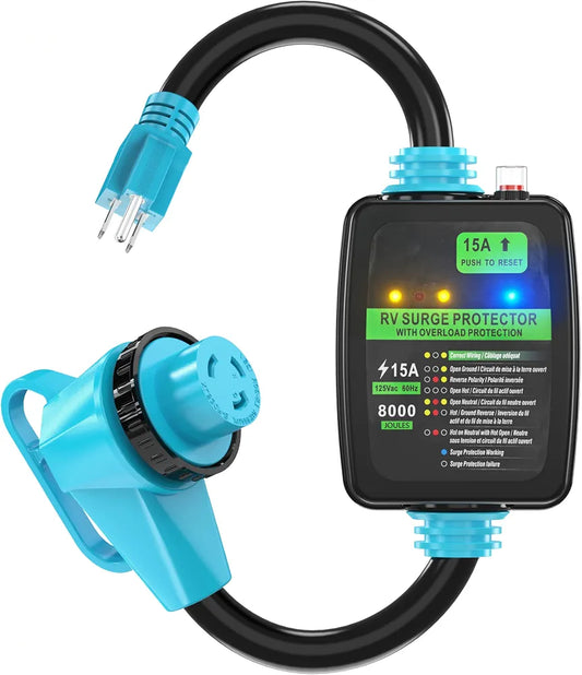 CircleCord 30 Amp to 15 Amp 110 Volt RV Surge Protector Adapter Cord, 8000 Joules, NEMA 5-15P Male to L5-30R 90° Right Angle Twist Lock Female, Overload Protection, RV Circuit Analyzer, ETL Listed