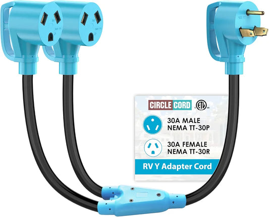 CircleCord RV Y Adapter Cord 30 Amp to Two 30 Amp, NEMA TT-30P Male Plug to TT-30R Female with Grip Handle, Heavy Duty STW 10 AWG for RV Trailer Camper,ETL Listed
