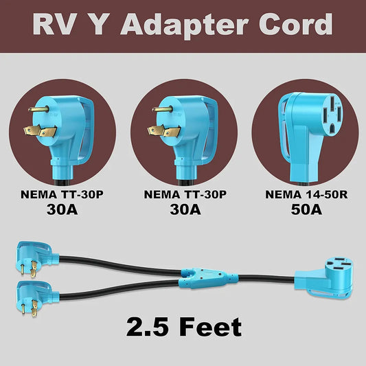 CircleCord ETL Listed RV Y Adapter Cord Two 30 Amp to 50 Amp, NEMA TT-30P Male Plug to 14-50R Female with Grip Handle, Heavy Duty STW 10 AWG for RV Trailer Camper