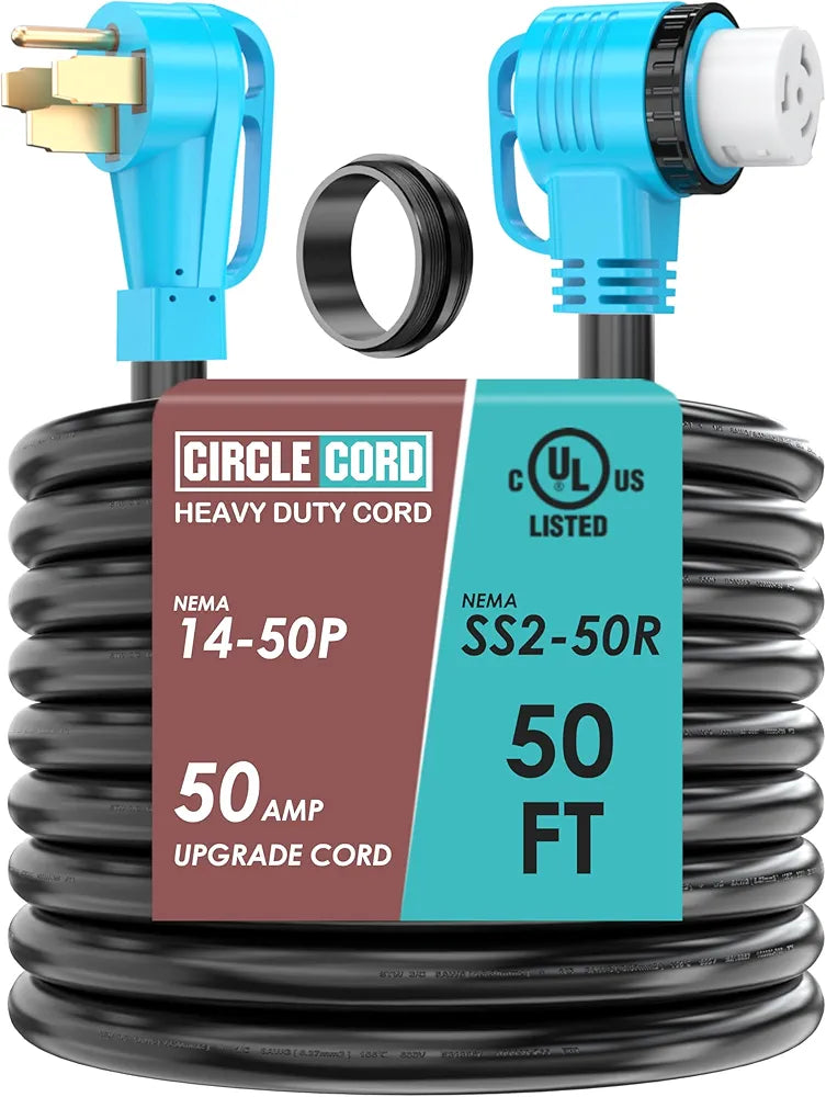 CircleCord UL Listed 50 Amp 50 Feet RV/Generator Cord with Locking Connector, Heavy Duty 6/3+8/1 Gauge STW Wire, 14-50P Male and SS2-50R Twist Locking Female for RV Camper and Generator to House