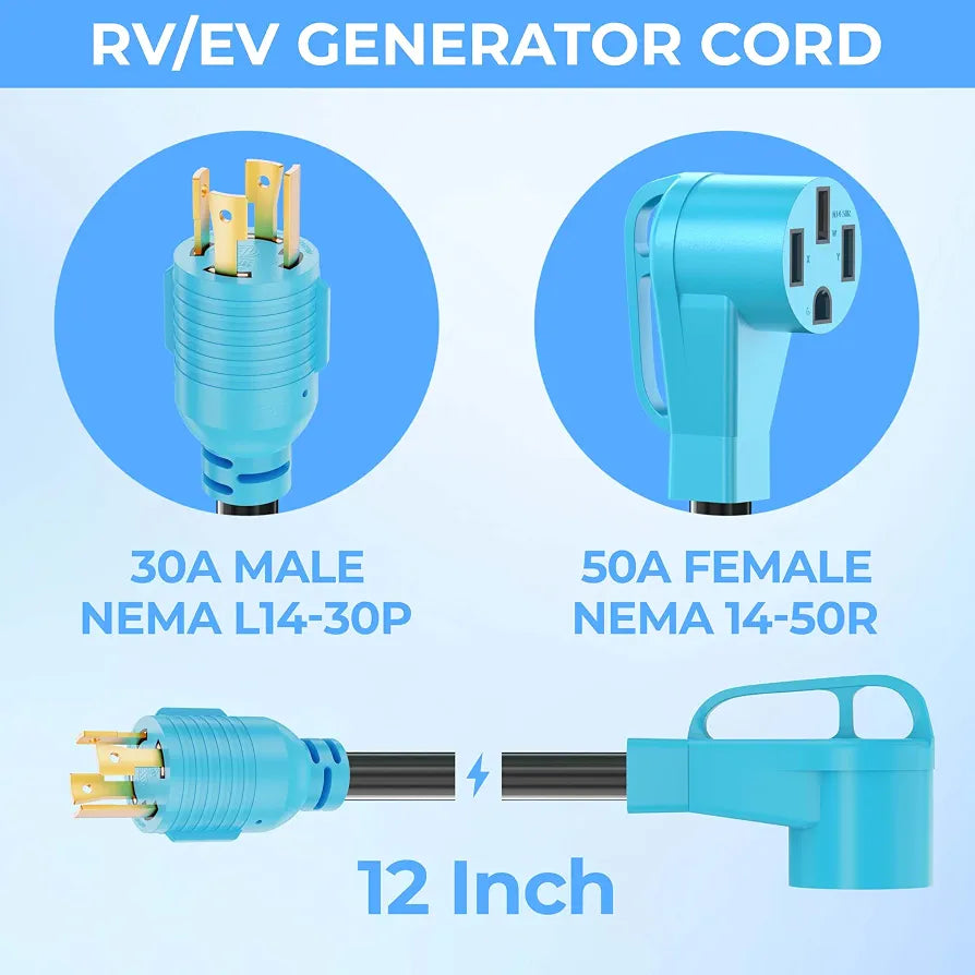 CircleCord 4 Prong 30 Amp to 50 Amp Generator to RV/EV Adapter Cord, NEMA L14-30P to 14-50R, Heavy Duty STW 10 AWG Suit for Tesla Model S/3/X/Y Charging or Generator to House and RV Trailer Camper