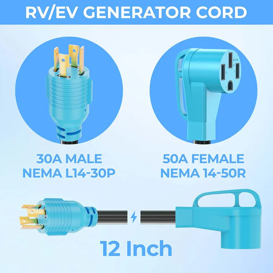 CircleCord 4 Prong 30 Amp to 50 Amp Generator to RV/EV Adapter Cord, NEMA L14-30P to 14-50R, Heavy Duty STW 10 AWG Suit for Tesla Model S/3/X/Y Charging or Generator to House and RV Trailer Camper