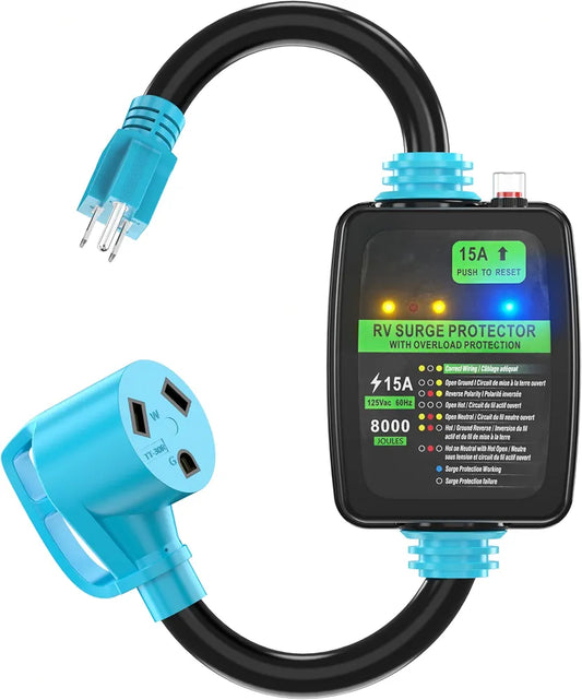 CircleCord 30 Amp to 15A 110 Volt RV Surge Protector Adapter Cord with Circuit Breaker and Analyzer, 8000 Joules, NEMA 5-15P to TT-30R Electrical Power Dogbone for RV Trailer Camper, ETL Listed