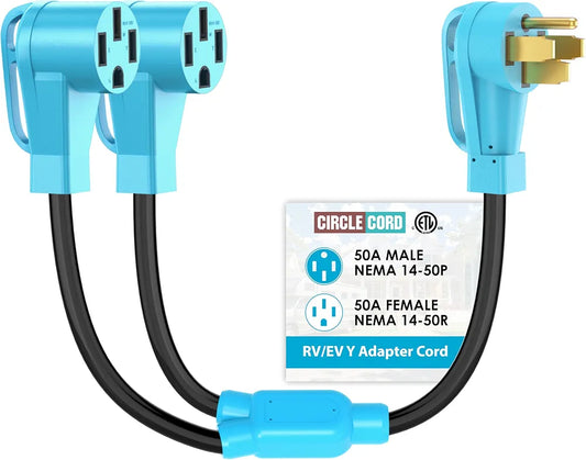 CircleCord RV/EV Y Adapter Cord 50 Amp to Two 50 Amp, NEMA 14-50P Male Plug to 14-50R Female with Grip Handle, Heavy Duty 6/3+8/1 Gauge STW Wire for RV Trailer Camper,ETL Listed