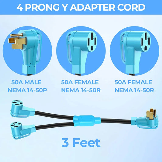 CircleCord RV/EV Y Adapter Cord 50 Amp to Two 50 Amp, NEMA 14-50P Male Plug to 14-50R Female with Grip Handle, Heavy Duty 6/3+8/1 Gauge STW Wire for RV Trailer Camper,ETL Listed