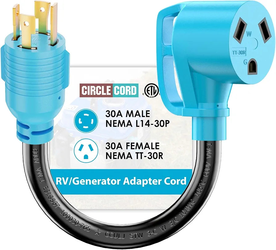 CircleCord 4 Prong 30 Amp RV Generator Adapter Cord with Grip Handle, L14-30P Twist Lock Male to TT-30R Female, Heavy Duty STW 10 AWG 12 Inch for Generator to RV Trailer Camper