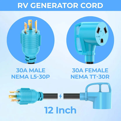 CircleCord 3 Prong 30 Amp Twist Lock Adapter, Generator to RV Adapter Cord with Grip Handle, L5-30P Twist Lock Male to TT-30R Female, Heavy Duty STW 10 AWG for Generator to RV Trailer Camper