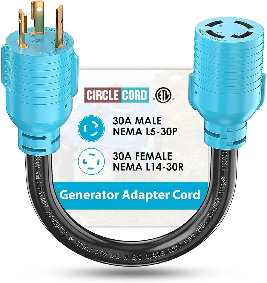 CircleCord NEMA L5-30P to L14-30R Adapter Cord, 4 to 3 Prong Generator Transfer Switch Adapter, 30 Amp Generator Twist Lock 3 to 4 Prong House Inlet Box, STW 10 AWG Blue