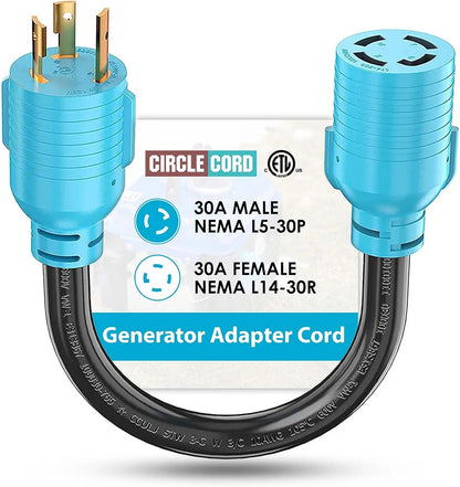 CircleCord NEMA L5-30P to L14-30R Adapter Cord, 4 to 3 Prong Generator Transfer Switch Adapter, 30 Amp Generator Twist Lock 3 to 4 Prong House Inlet Box, STW 10 AWG Blue