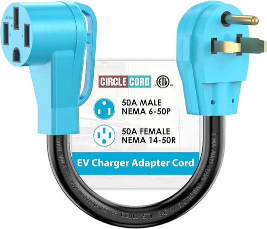 CircleCord NEMA 6-50P to 14-50R EV Charger Adapter Cord for Level 2 EV Charging, 180 Degree Bent Design with Grip Handle, Heavy Duty 6 Gauge, ETL Listed 