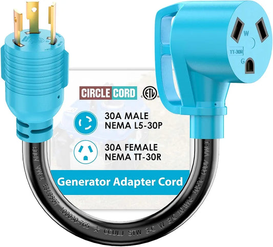 CircleCord 3 Prong 30 Amp Twist Lock Adapter, Generator to RV Adapter Cord with Grip Handle, L5-30P Twist Lock Male to TT-30R Female, Heavy Duty STW 10 AWG for Generator to RV Trailer Camper