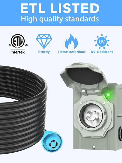 CircleCord 4 Prong 15 Feet 30 Amp Generator Extension Cord and Inlet Box with Locking Connector, Heavy Duty NEMA L14-30P/L14-30R, 125/250V 7500W 10 Gauge SJTW Generator to House Power Cord
