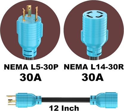 CircleCord NEMA L5-30P to L14-30R Adapter Cord, 4 to 3 Prong Generator Transfer Switch Adapter, 30 Amp Generator Twist Lock 3 to 4 Prong House Inlet Box, STW 10 AWG Blue