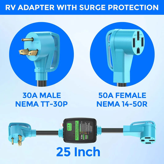 CircleCord 30A to 50A RV Surge Protector Adapter Cord with Circuit Breaker and Analyzer, 8000 Joules, NEMA TT-30P Male to 14-50R Female Electrical Power Dogbone for RV Trailer Camper, ETL Listed