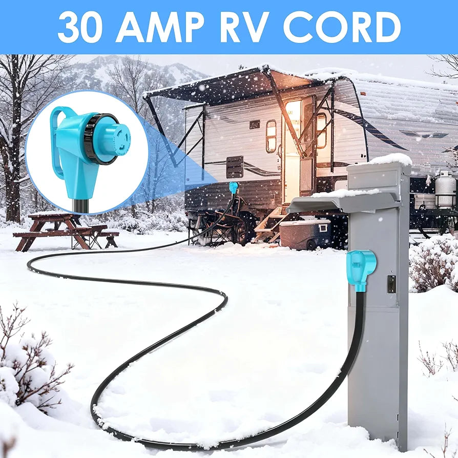 CircleCord 30 Amp 25 Feet RV Power Cord with 90° Right Angle Twist Locking, Heavy Duty 10 Gauge STW Pure Copper Wire with Grip Handle, TT-30P to L5-30R with Cord Organizer for RV Trailer Campers