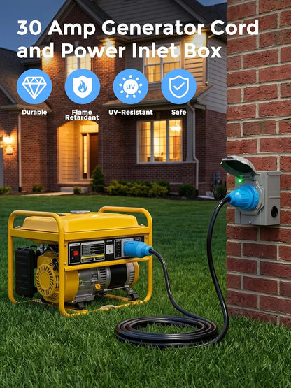 CircleCord 4 Prong 15 Feet 30 Amp Generator Extension Cord and Inlet Box with Locking Connector, Heavy Duty NEMA L14-30P/L14-30R, 125/250V 7500W 10 Gauge SJTW Generator to House Power Cord