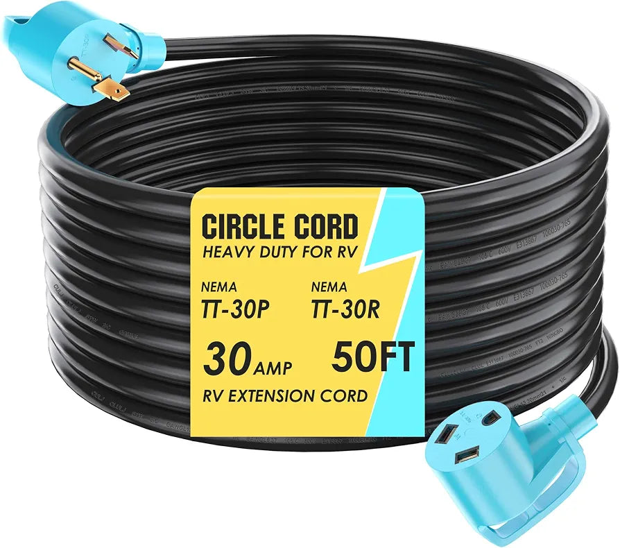 CircleCord 30 Amp 50 Feet RV Extension Cord, Heavy Duty 10 Gauge 3 Wire STW Pure Copper Wire with Grip Handle, TT-30P Male to TT-30R Female with Cord Organizer for RV Trailer Campers