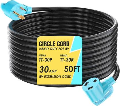 CircleCord 30 Amp 50 Feet RV Extension Cord, Heavy Duty 10 Gauge 3 Wire STW Pure Copper Wire with Grip Handle, TT-30P Male to TT-30R Female with Cord Organizer for RV Trailer Campers