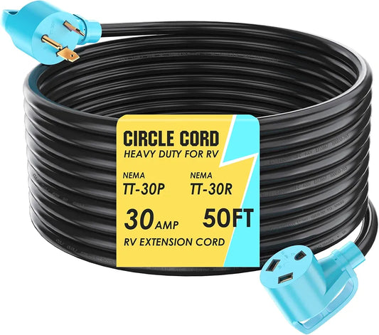 CircleCord 30 Amp 50 Feet RV Extension Cord, Heavy Duty 10 Gauge 3 Wire STW Pure Copper Wire with Grip Handle, TT-30P Male to TT-30R Female with Cord Organizer for RV Trailer Campers