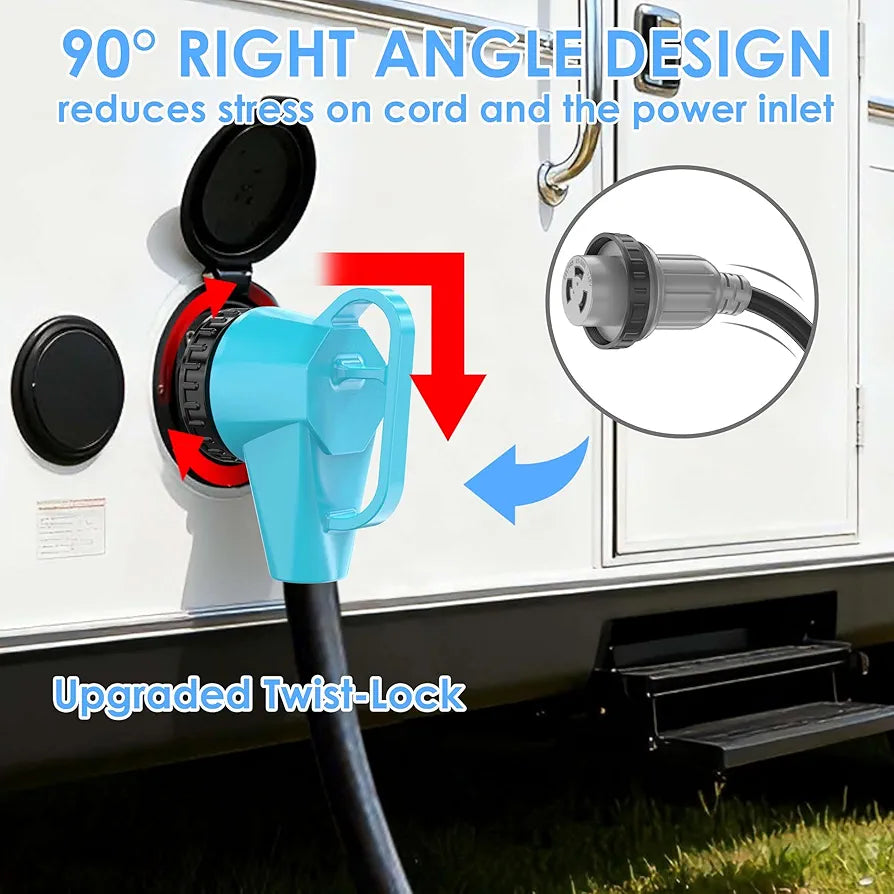 CircleCord 30 Amp 25 Feet RV Power Cord with 90° Right Angle Twist Locking, Heavy Duty 10 Gauge STW Pure Copper Wire with Grip Handle, TT-30P to L5-30R with Cord Organizer for RV Trailer Campers