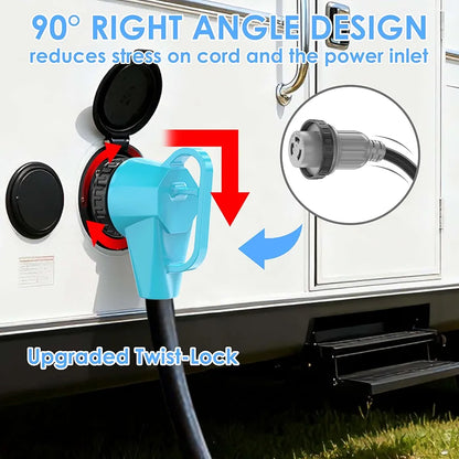 CircleCord 30 Amp 25 Feet RV Power Cord with 90° Right Angle Twist Locking, Heavy Duty 10 Gauge STW Pure Copper Wire with Grip Handle, TT-30P to L5-30R with Cord Organizer for RV Trailer Campers
