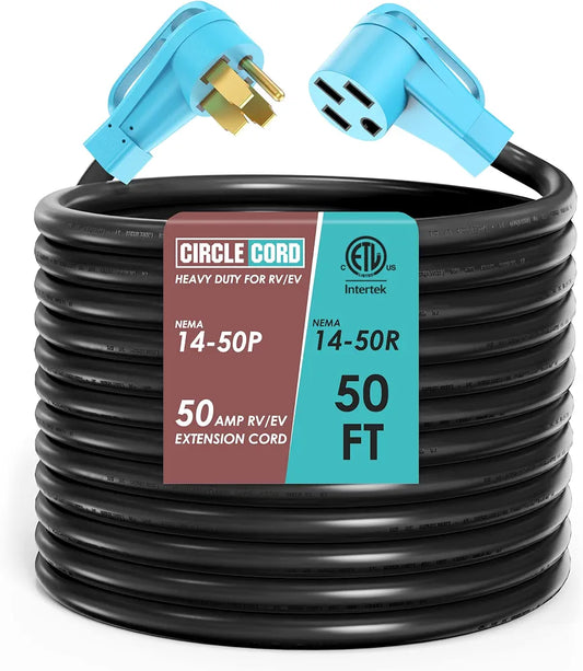 CircleCord ETL Listed 50 Amp 50 Feet RV/EV Extension Cord, Heavy Duty 6/3+8/1 Gauge STW Wire, NEMA 14-50P/R Suit for Tesla Model 3/S/X/Y EV Charging and RV Trailer Campers