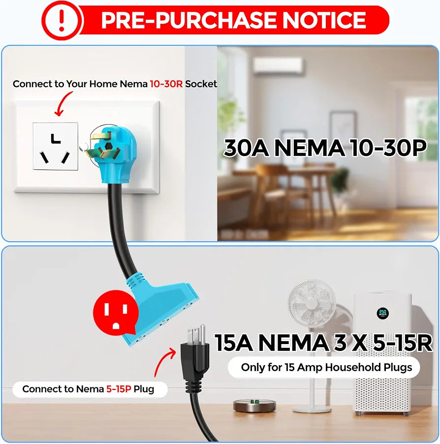 CircleCord 3 Prong 30 Amp to 110V Dryer Distribution Adapter Cord, NEMA 10-30P Male to 3X 5-15R Household Outlet Female