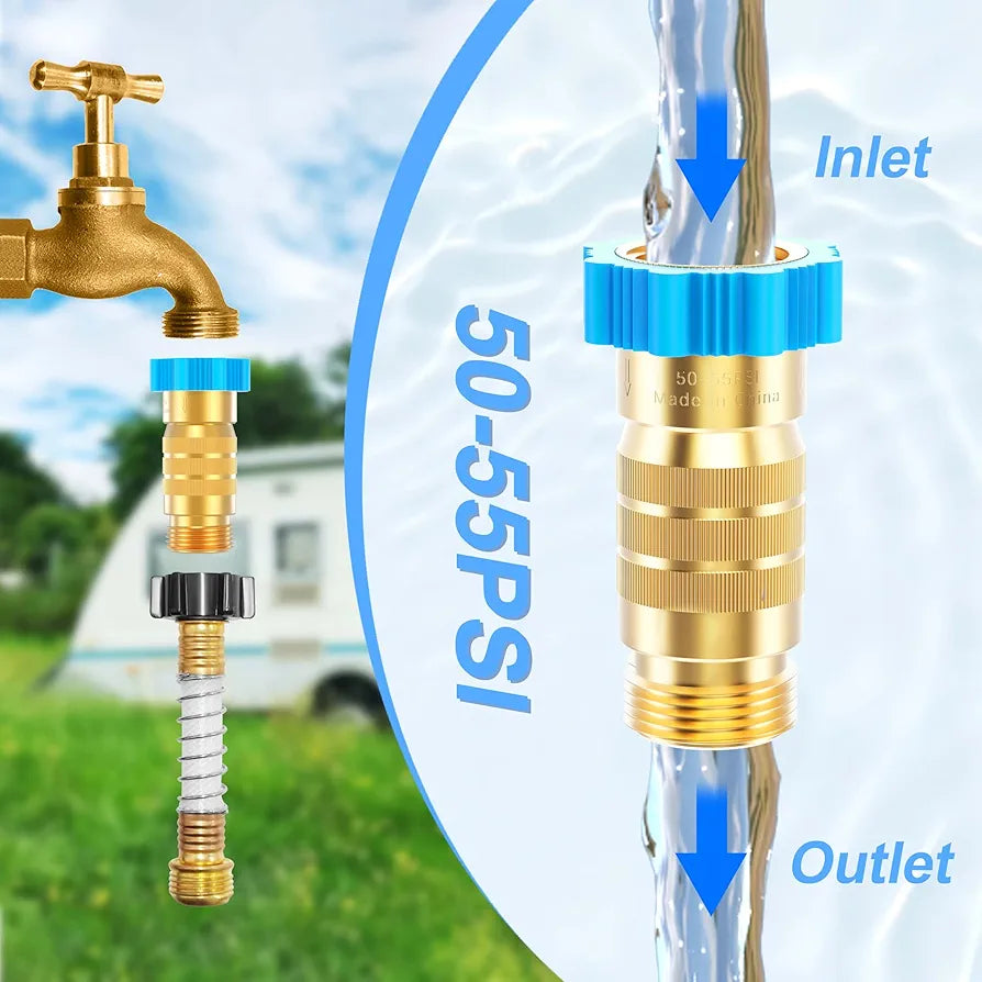 RV Hi-Flow Water Pressure Regulator 50-55 psi, 3/4 Inch Thread Lead-Free Brass Inline Water Pressure Reducer for Camper, Trailer, RV Plumbing System