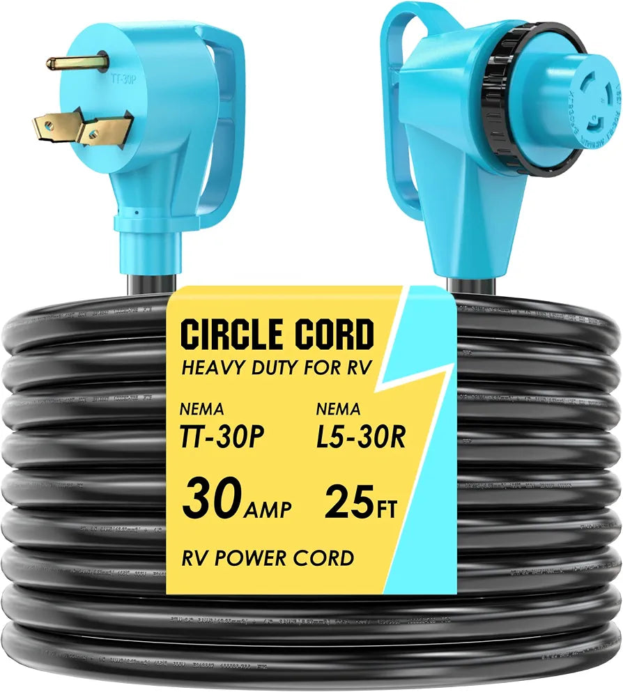CircleCord 30 Amp 25 Feet RV Power Cord with 90° Right Angle Twist Locking, Heavy Duty 10 Gauge STW Pure Copper Wire with Grip Handle, TT-30P to L5-30R with Cord Organizer for RV Trailer Campers