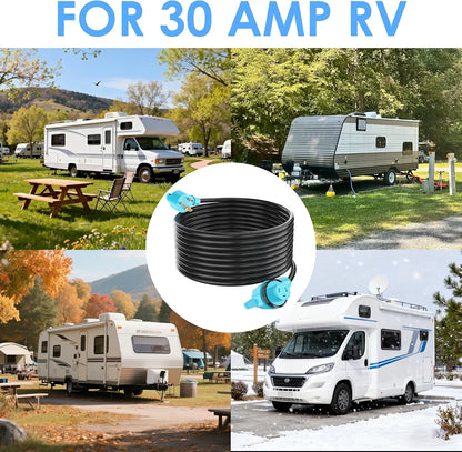 CircleCord 30 Amp 25 Feet RV Power Cord with 90° Right Angle Twist Locking, Heavy Duty 10 Gauge STW Pure Copper Wire with Grip Handle, TT-30P to L5-30R with Cord Organizer for RV Trailer Campers