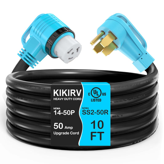 50 Amp RV/Generator Cord, UL Listed, 100% Copper Wire, Newly Designed 90°Grip Handle, NEMA 14-50P to SS2-50R Twist Lock, 6/3+8/1 Gauge STW Wire
